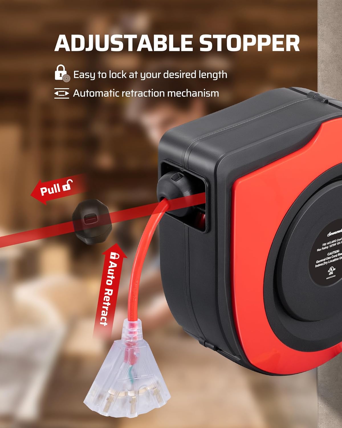 DEWENWILS Retractable Extension Cord Reel, 75 FT Heavy Duty Power Cord, 14/3C SJTOW Retractable Cord Reel, Lighted Triple Outlets, 10A Circuit Breaker, Wall/Ceiling Mount, UL Listed, Red
