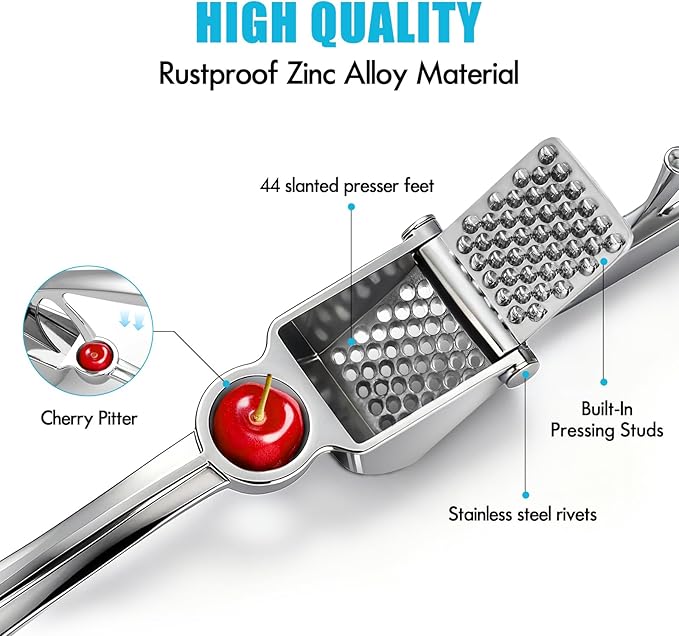 Garlic Press, Premium Kitchen Garlic Mincer Tool, Rust Proof & Dishwasher Safe, Heavy Duty Professional Metal Garlic Crusher with Ergonomic Handle, Easy to Squeeze and Clean -Silver