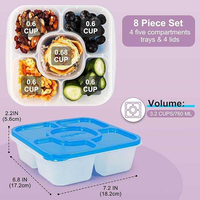 Caperci Original Lunchable Snack Containers - Bento Snack Boxes with 5-Compartment, Reusable Food Containers for School, Work and Travel, BPA-Free, Set of 4 (Classic)
