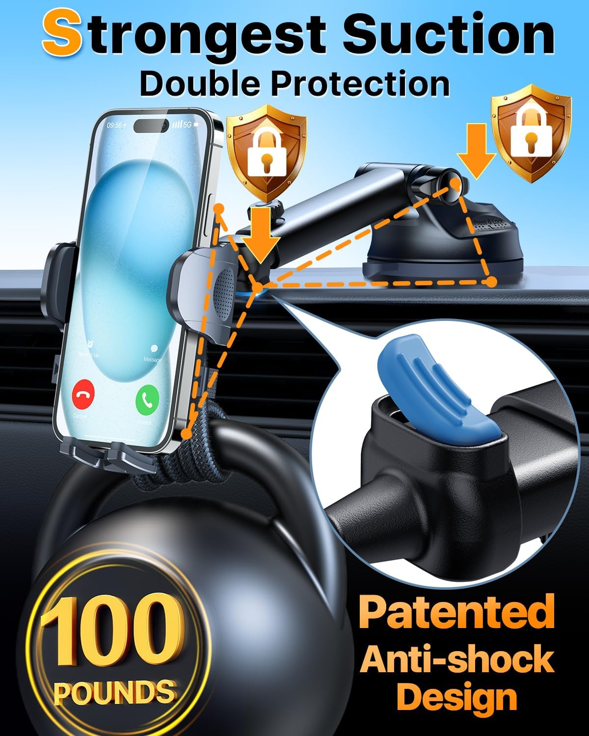 HTU 2025 Best Car Phone Holder 【Ultimate 5-in-1 & Upgraded 100+LBS Strongest Suction】【True Military-Grade & Safety Cert】 360° Windshield Dashboard Vent Mount Stand for iPhone Android & Truck, Blue