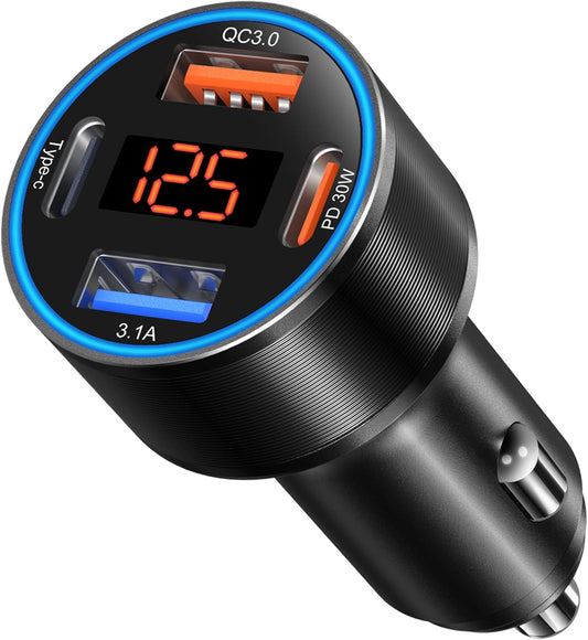 USB C Car Charger, 4-Port 65W Dual 12V USB-A & USB-C Car Phone Charger with Voltmeter PD/QC 3.0 Fast Charging Cigarette Lighter Adapter for iPhone 16e 15 14 13 12 11 Pro Max,Samsung, Android(Black)