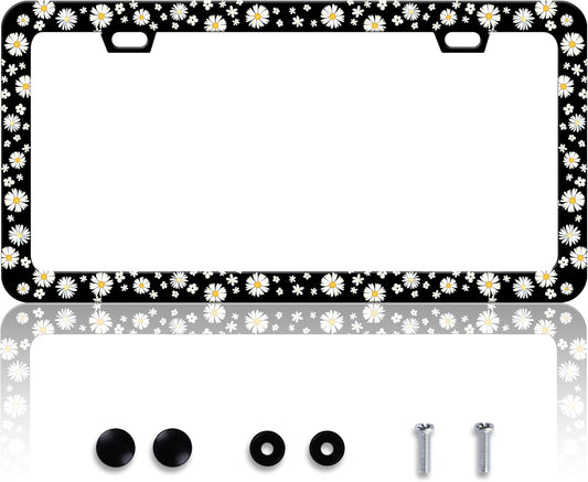 Beautiful Daisy License Plate Frame Daisies License Plate Holder Personalise Stainless Steel Funny Design Compatible with Standard License Plate Holder for USA and Canada 6 X 12 Inch with Screws