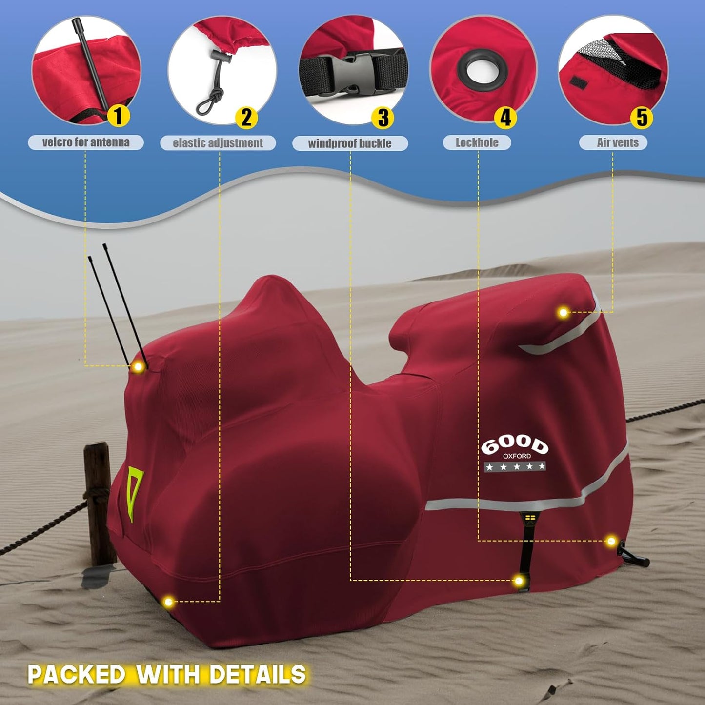 Rosefray Trike Cover,Motorcycle Cover Heavy Duty 600D Waterproof forTrike Models Harley Davidson freewheeler, Tri Glide, and CVO Version, Trike Goldwing, Chidftain, Challenger, Elite Storage,Red