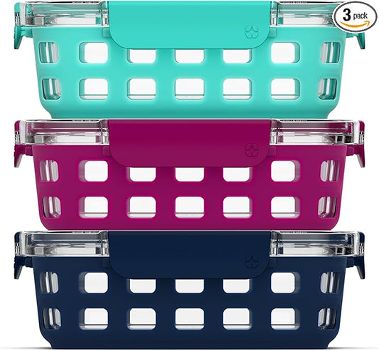 Ello Duraglass 3.4 Cup Meal Prep Sets 6Pc, 3 Pack Set- Glass Food Storage Container with Silicone Sleeve and Airtight BPA-Free Plastic Lids, Dishwasher, Microwave, and Freezer Safe, Berry