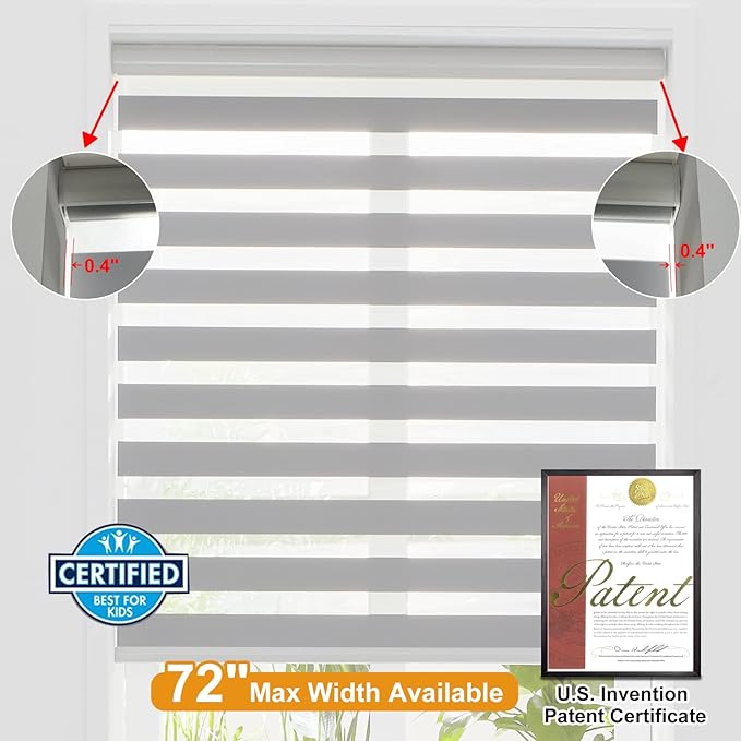 Persilux Cordless Zebra Blinds for Windows Free-Stop Roller Window Shades (22" W X 64" H, Grey) Dual Layer Light Control for Day and Night, Light Filtering Sheer Shades for Home, Easy to Install