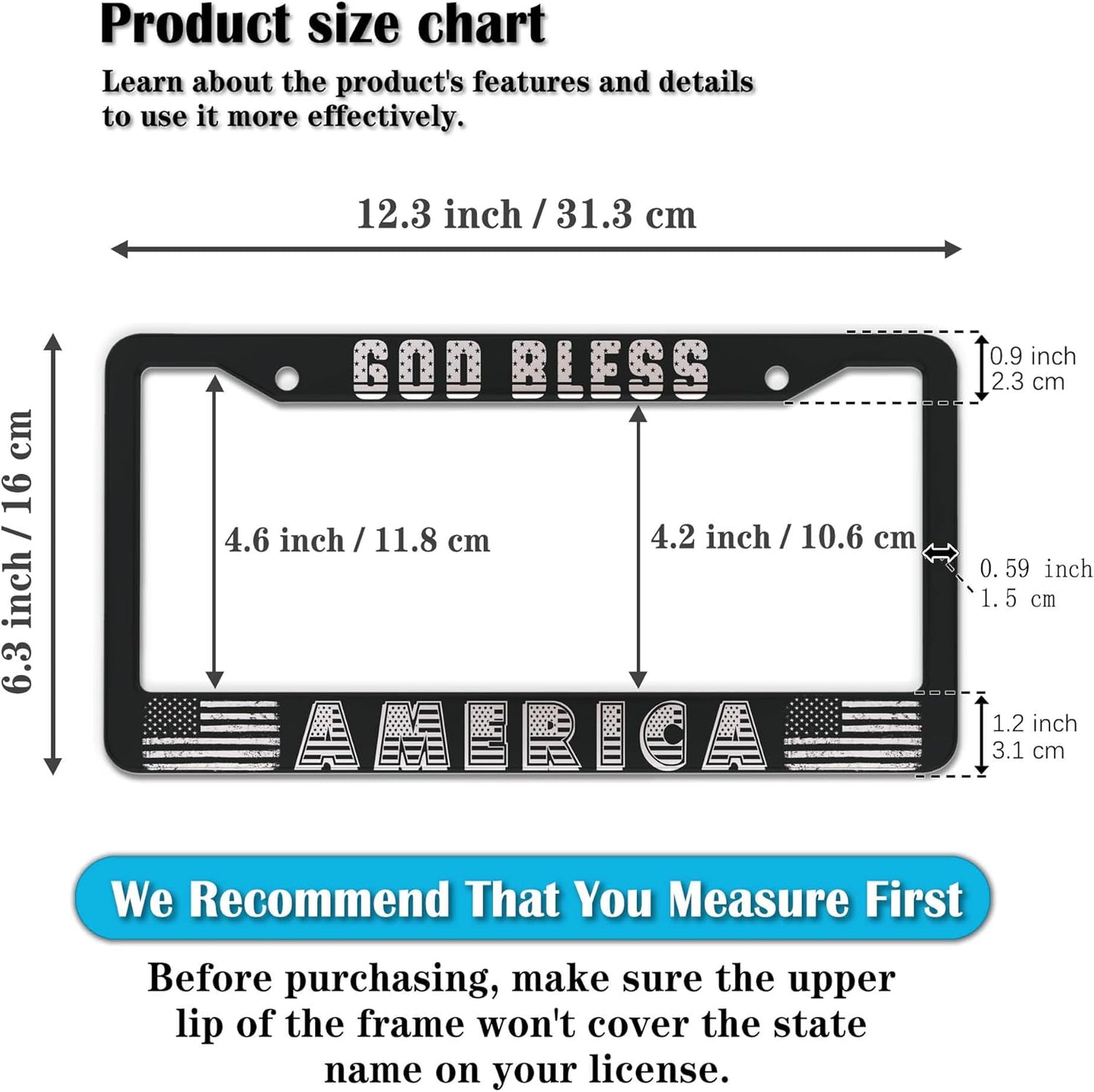 License Plate Frames Black and White License Plate Frame God Bless America Aluminum Metal Car Accessory 2 Pack with Screw Covers Set