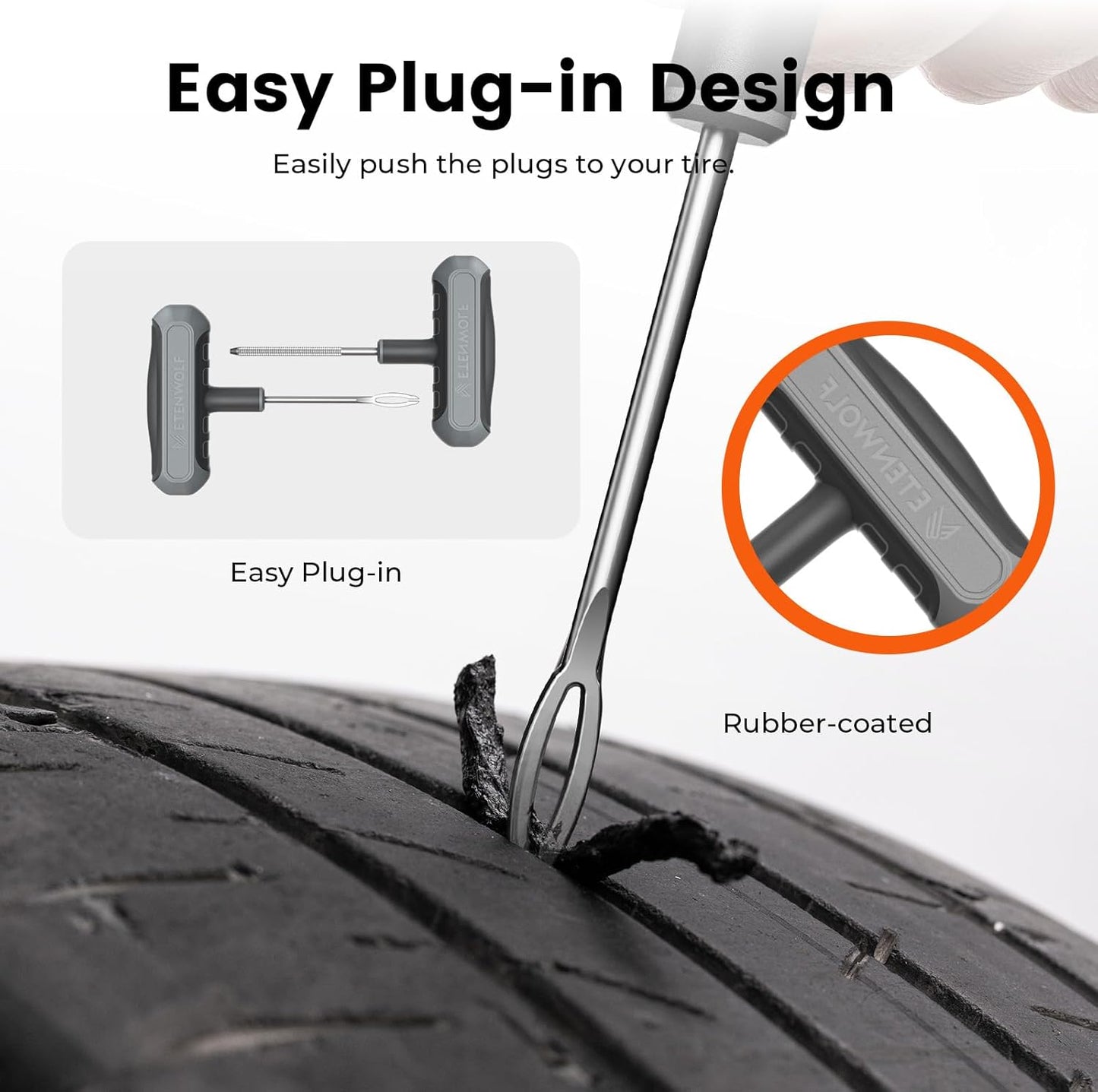 ETENWOLF Flat Tire Repair Kit with Plugs 16 Pcs, Heavy Duty Tire Plug Kit for Car, Motorcycle, ATV, Jeep, Truck, Tractor (Grey)