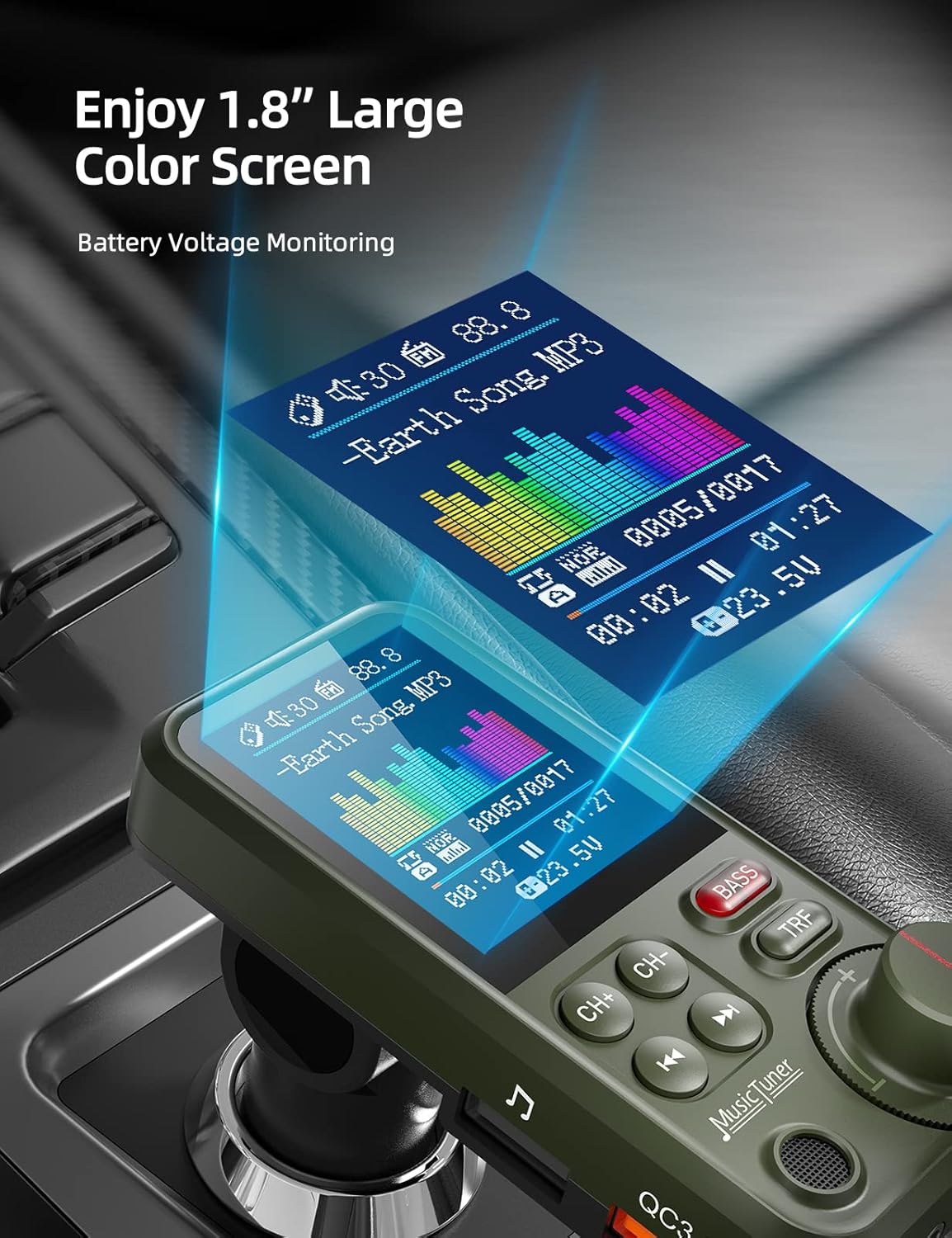 Nulaxy FM Bluetooth Transmitter for car, Strong Microphone Bluetooth Car Adapter with 1.8" Color Screen for Hands-Free Calls, Supports QC3.0 Charging, Treble and Bass Sound Music Player- KM30 Green