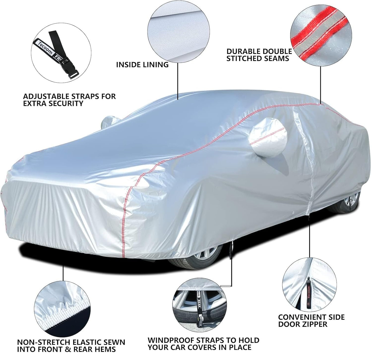 Tecoom Car Covers for Automobiles Door Zipper/Lock Universal Fit Sedan Toyota Camry, Honda Accord, Chevy Malibu, Kia Optima, Hyundai Sonata Nissan Altima Volkswagen Passat Ford Fusion Buick Regal