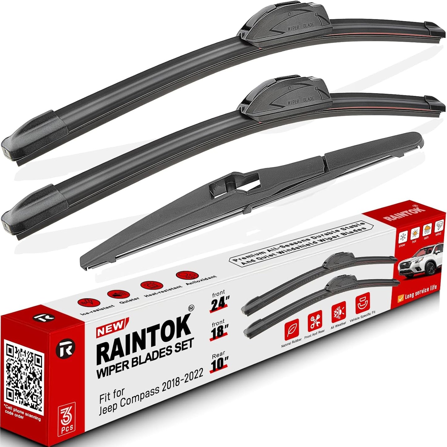 Windshield Wiper Blade Set Replacement for 2018-2022 Jeep Compass Original Equipment Replacement Front Wiper Blades-24"/18"/10" (Set of 3) U/J Hook