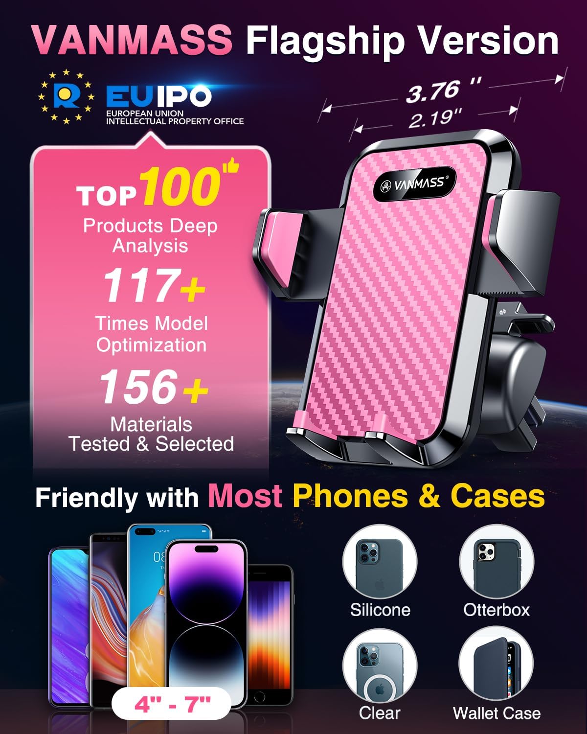 VANMASS [2024 Upgrade Phone Holders for Your Car [Super Suction Cup] Cell Phone Mount Car Dashboard Window Vent Desk Fit for iPhone 15 Pro Max 14 13 Universal Handsfree Automobile Vehicle Cradle，Pink