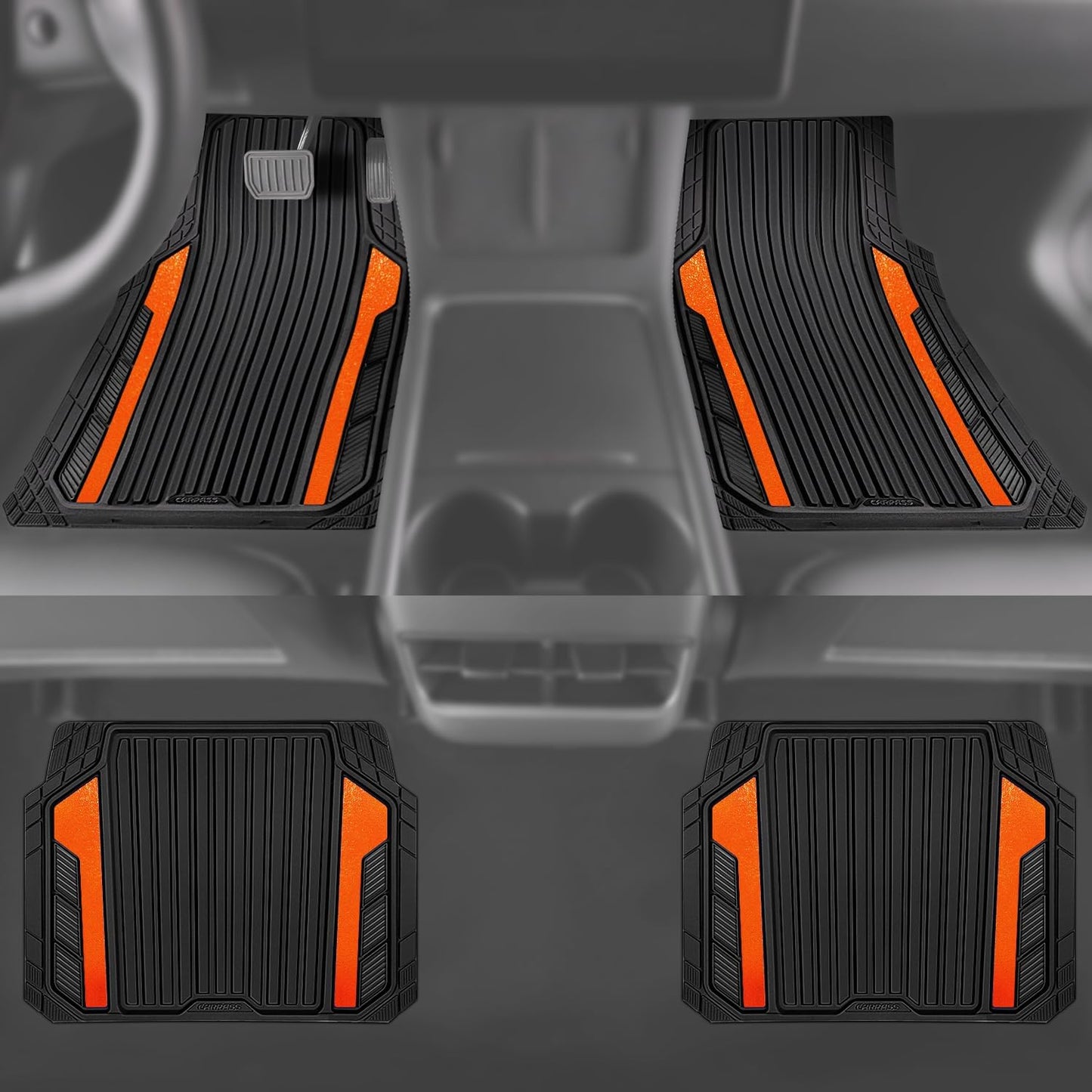 CAR PASS Heavy Duty Rubber Car Mats Metallic, Aluminum Film All Weather Floor Mats Waterproof Universal Trim to Fit SUVs Sedans Vans 4 Piece Anodized Deep Dish Two-Tone Sporty Black Orange Chrome
