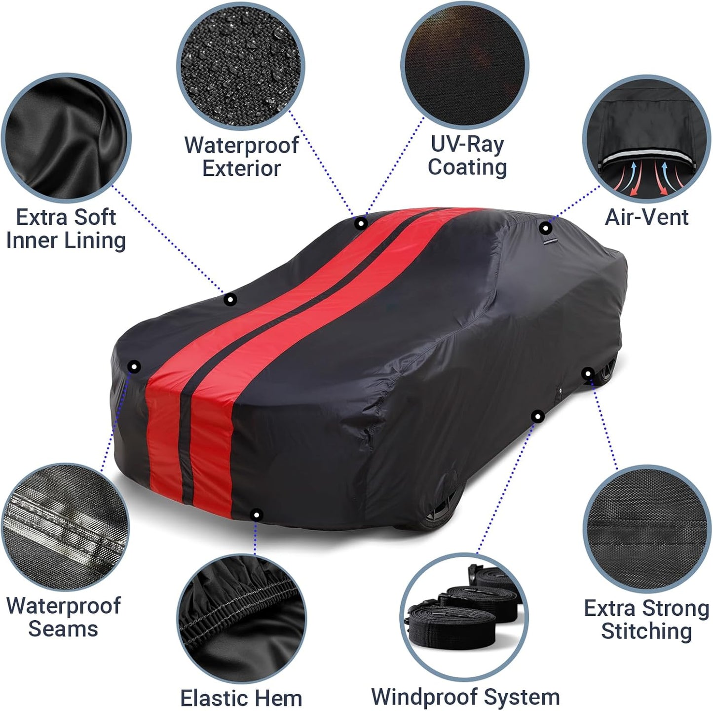 iCarCover Custom Car Cover for Buick Electra (1977-1984) Waterproof All-Weather Rain Snow UV Sun Protector Full Exterior Indoor Outdoor Car Cover (Stripe - Black/Red)