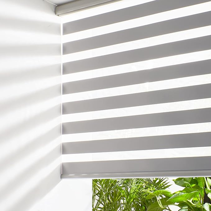 Persilux Cordless Zebra Blinds (70" W x 72" H, Grey) Dual Layer Fabric, Privacy Window Blinds, Dual Layer Zebra Roller Shades, Light Filtering Sheer Window Treatments for Home, Office…