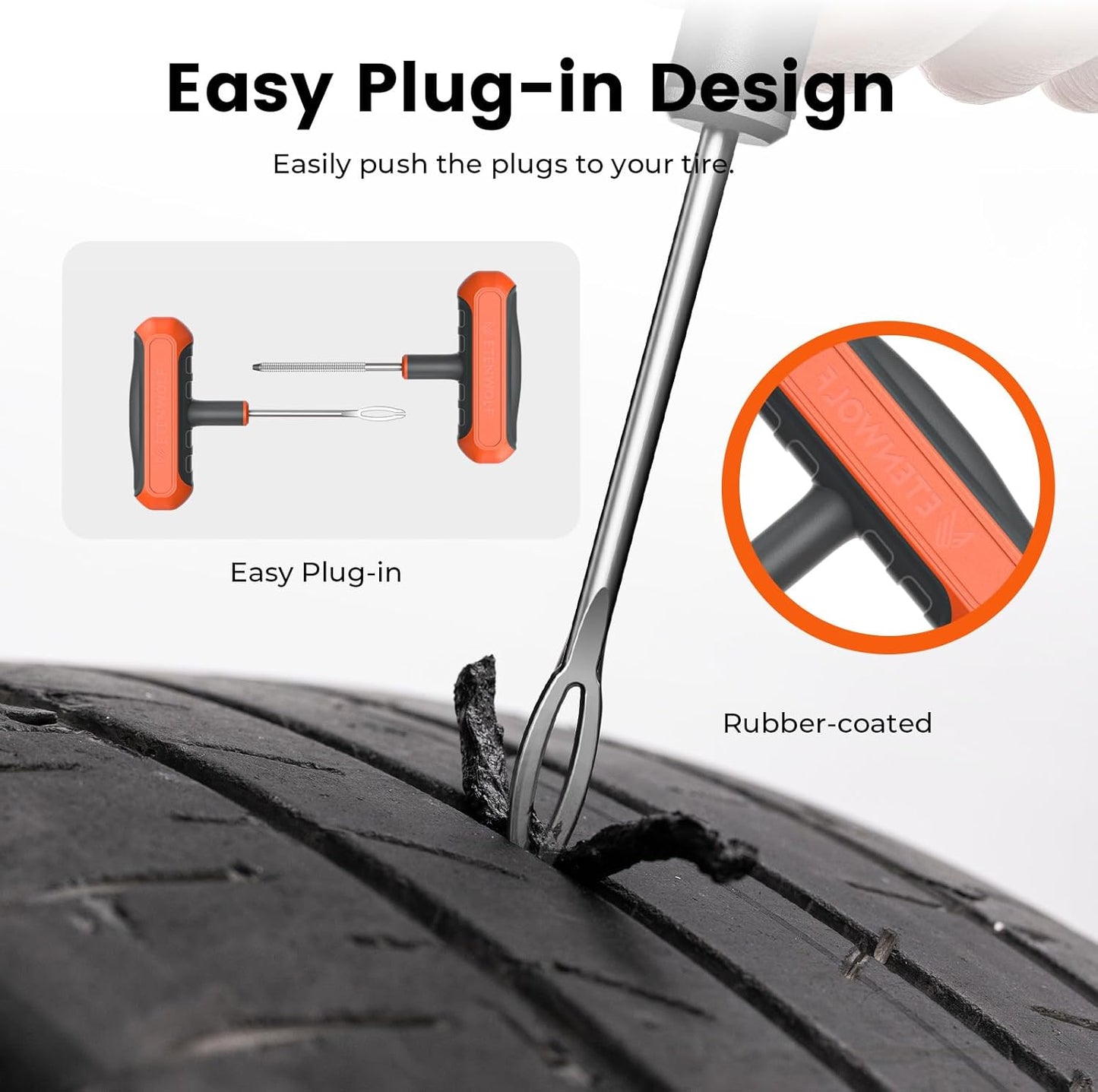 ETENWOLF Flat Tire Repair Kit with Plugs 16 Pcs, Heavy Duty Tire Plug Kit for Car, Motorcycle, ATV, Jeep, Truck, Tractor (Vivid Orange)