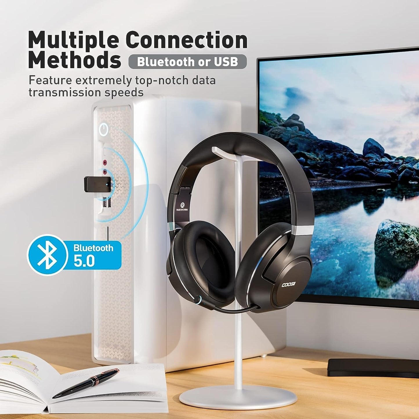 H300 Wireless Headphones Bluetooth with Microphone, Over Ear Headsets with USB Dongle & Mute, Environmental Noise Cancelling Retractable Mic for Work Office Meeting Laptop Computer (Black)
