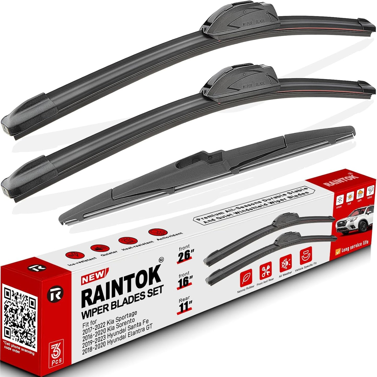 Windshield Wiper Blades Replacement for 2017-2022 Kia Sportage / 2019-2021 Hyundai Santa Fe / 2016-2020 Kia Sorento Original Factory Quality Front Rear Wipers Blade Set - 26" 16" 11"