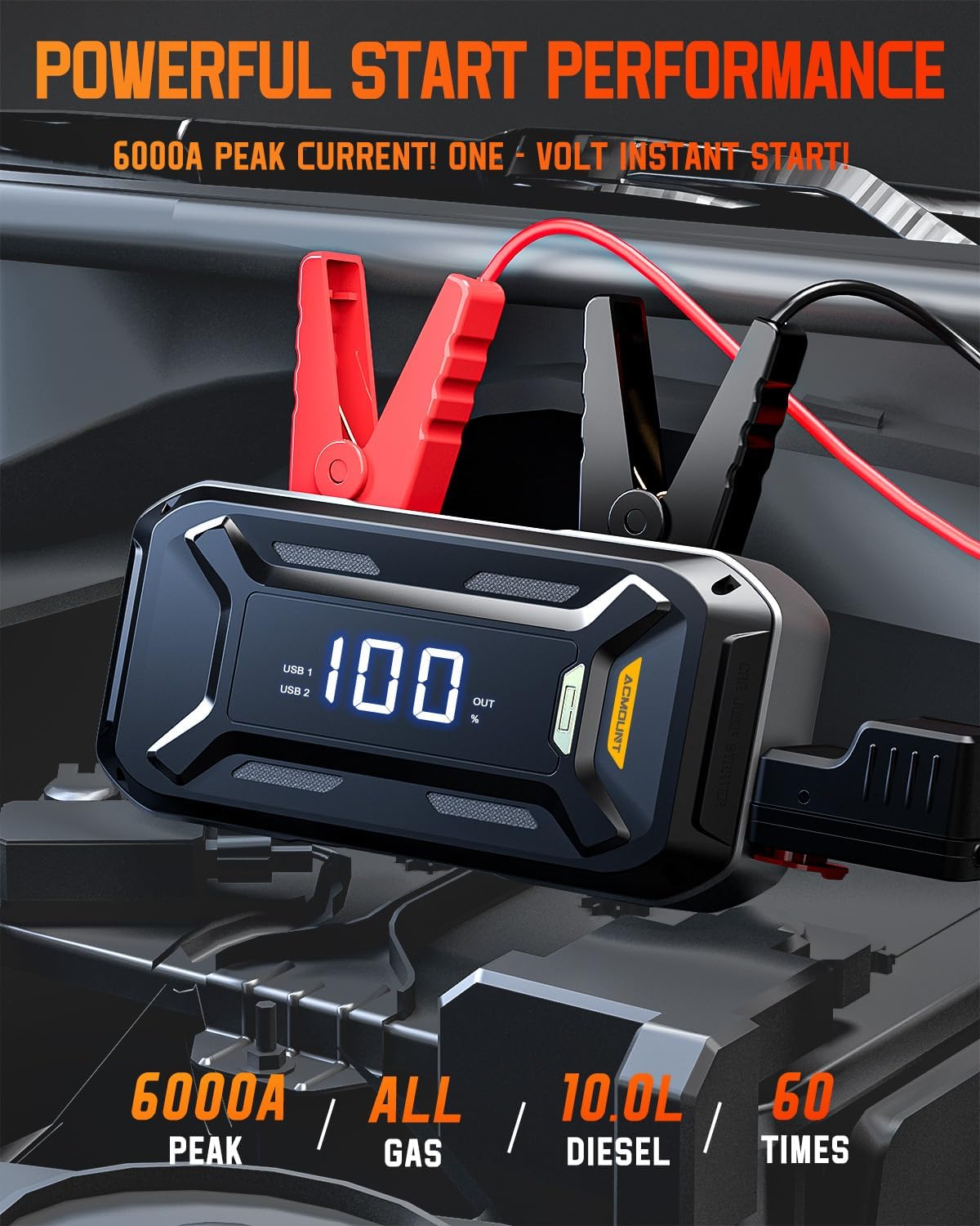 Car Battery Jump Starter Portable, 6000A 12V Car Jumper Starter with Jump Box (All Gas/10.0L Diesel), LCD Display, USB Quick Charge & LED Light, Ultimate Durable Long-Lasting Battery Jump Pack