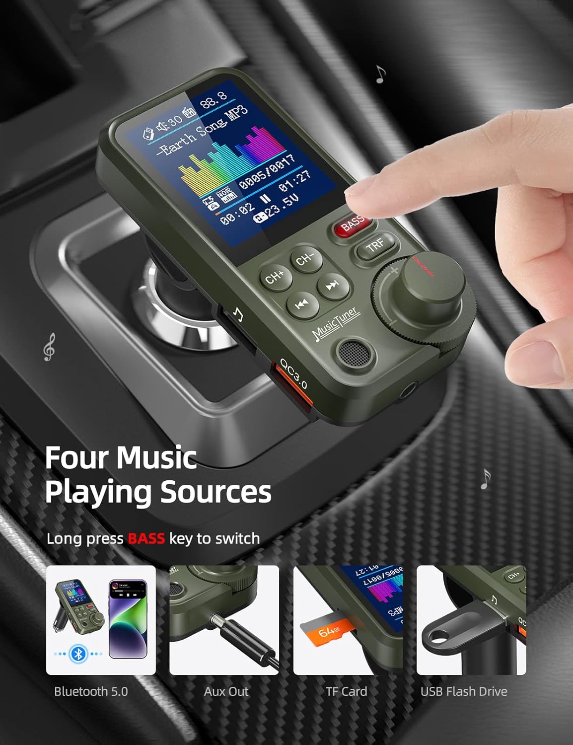Nulaxy FM Bluetooth Transmitter for car, Strong Microphone Bluetooth Car Adapter with 1.8" Color Screen for Hands-Free Calls, Supports QC3.0 Charging, Treble and Bass Sound Music Player- KM30 Green