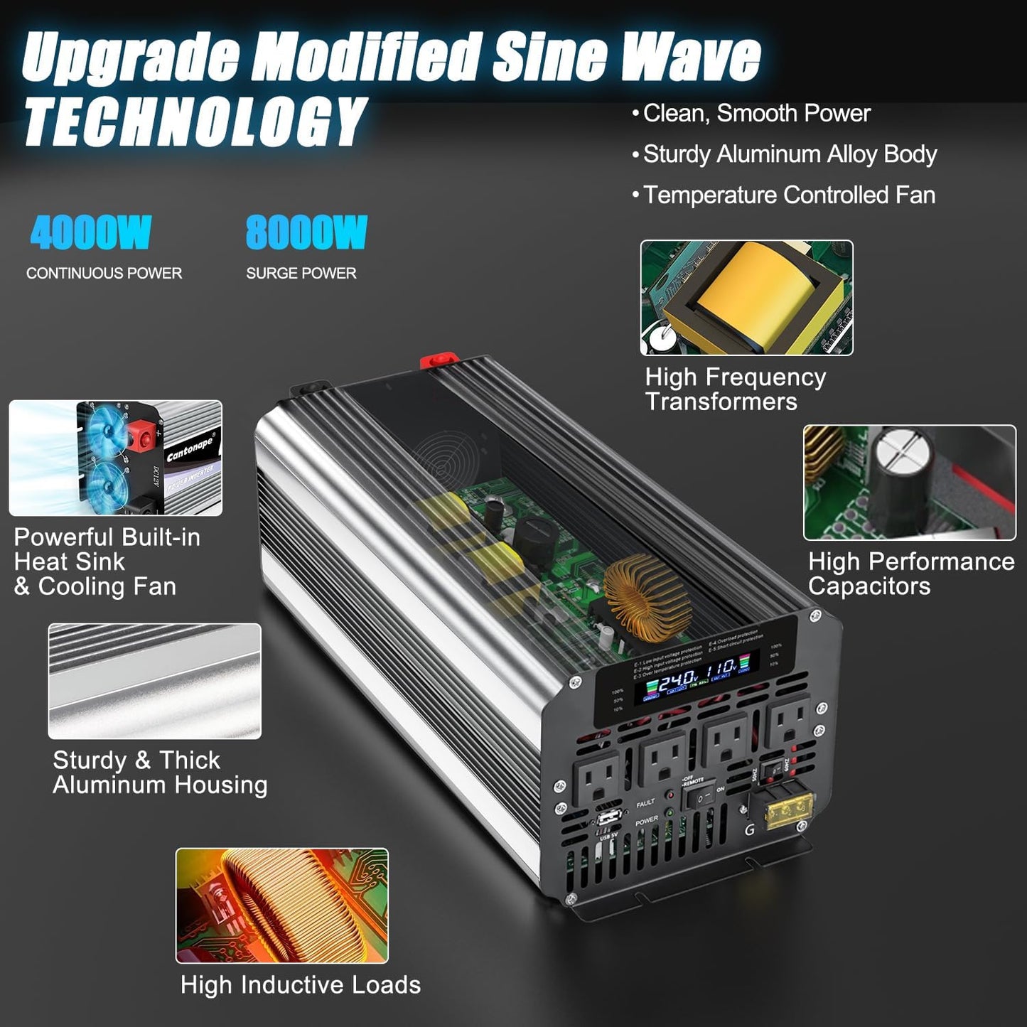 5000W Power Inverter 24V to 110V/120V DC to AC with LCD Display, Remote Controller and 4 x AC Outlets Car Adapter for Car Truck Boat RV Off Grid Solar System