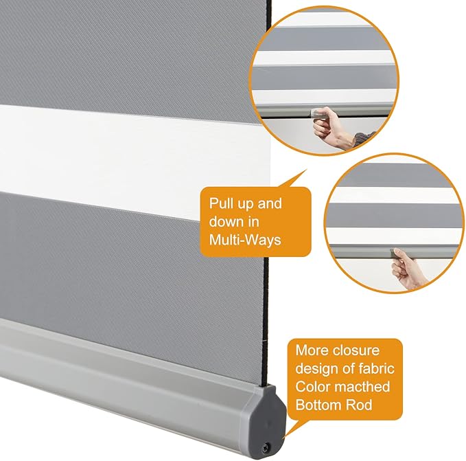 Persilux Cordless Zebra Blinds for Windows Free-Stop Window Blinds (30" W X 72" H, Grey) Dual Layer Light Control for Day and Night, Light Filtering Sheer Shades for Home, Easy to Install