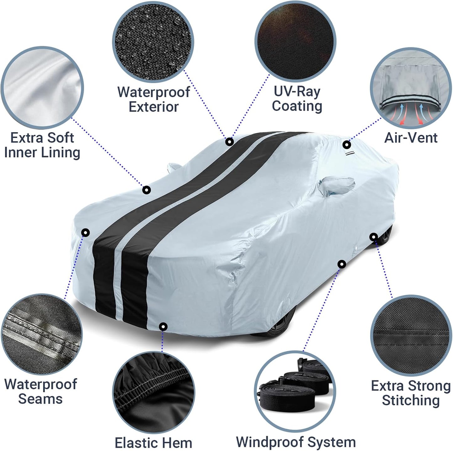 iCarCover Custom Car Cover for Pontiac Fiero GT Fastback (1985-1988) Waterproof All-Weather Rain Snow UV Sun Protector Full Exterior Indoor Outdoor Car Cover (Stripe - Gray/Black)