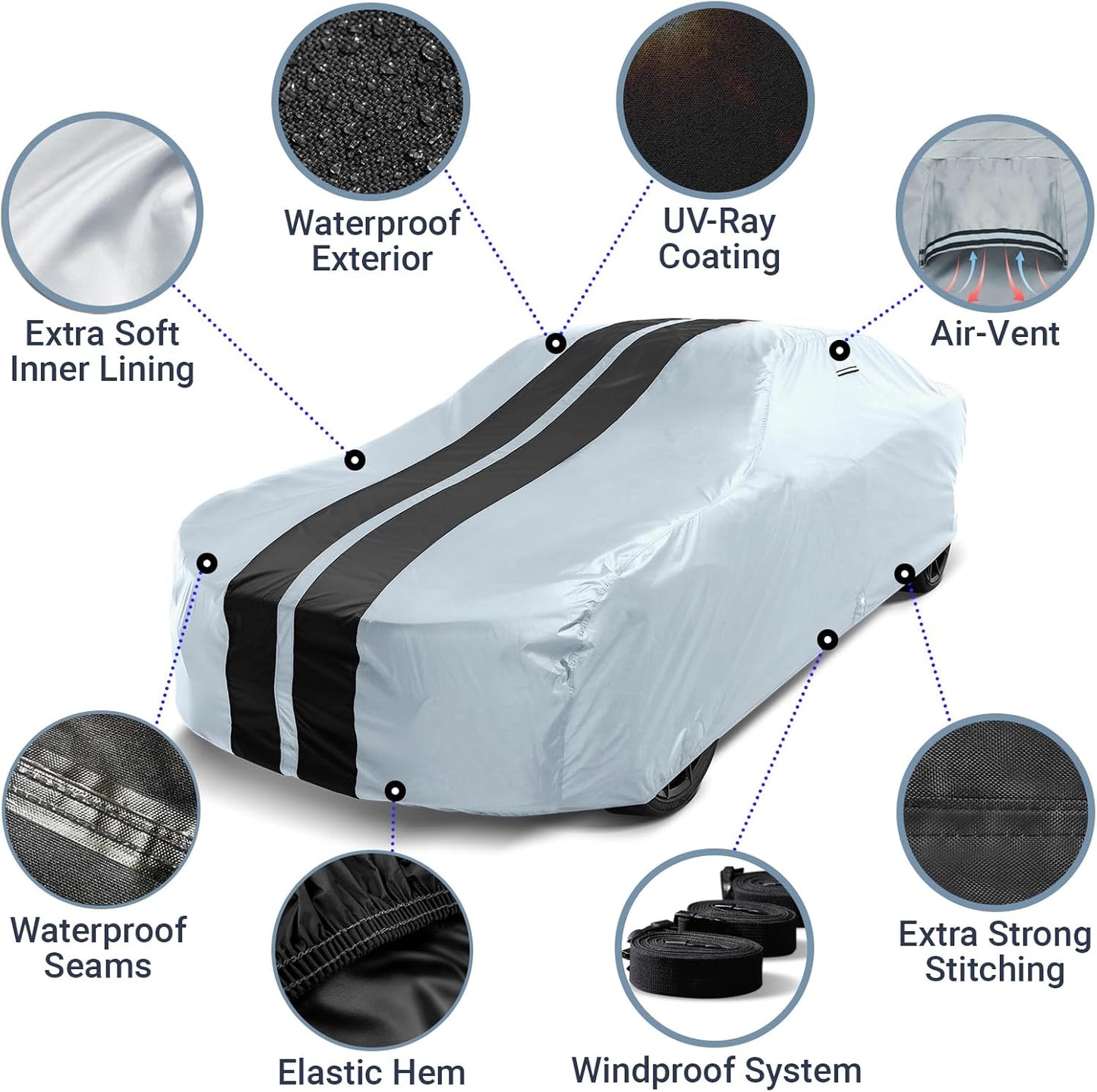 iCarCover Custom Car Cover for Pontiac Phoenix (1980-1984) Waterproof All-Weather Rain Snow UV Sun Protector Full Exterior Indoor Outdoor Car Cover (Stripe - Gray/Black)