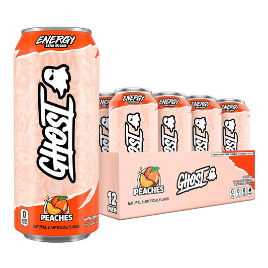GHOST Energy Drink - 12-Pack, Peaches, 16oz - Energy & Focus & No Artificial Colors - 200mg of Natural Caffeine, L-Carnitine & Taurine - Gluten-Free & Vegan