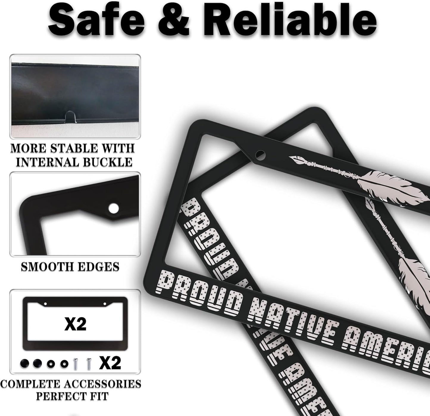 License Plate Frames Black and White License Plate Holder Proud Native American Universal Aluminum Car Accessory 2 Pack with Screw Covers Set