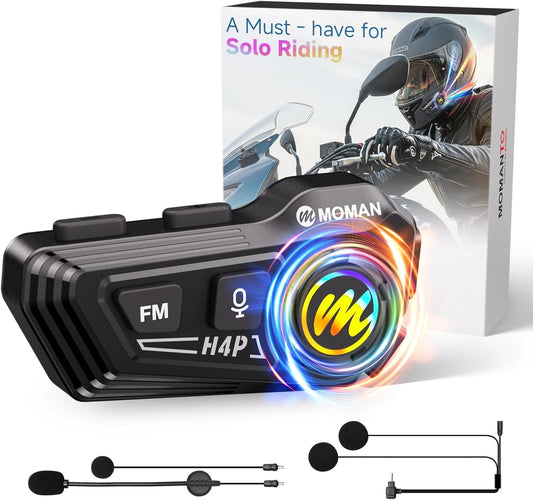 Motorcycle Helmet Headset, Moman RS-H4P Motorbike Headphone with Hi-Fi Speakers Dual Noise Reduction【New Upgrade】in RGB/FM/Glove-Friendly Button/Soft & Hard Mic/AI Voice/IPX6 Earphone for Solo Riding