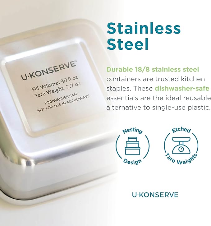 U Konserve Stainless Steel Food Storage Bento Box Container, Leak Proof Silicone Lid Dishwasher Safe - Plastic Free (30oz Blue)