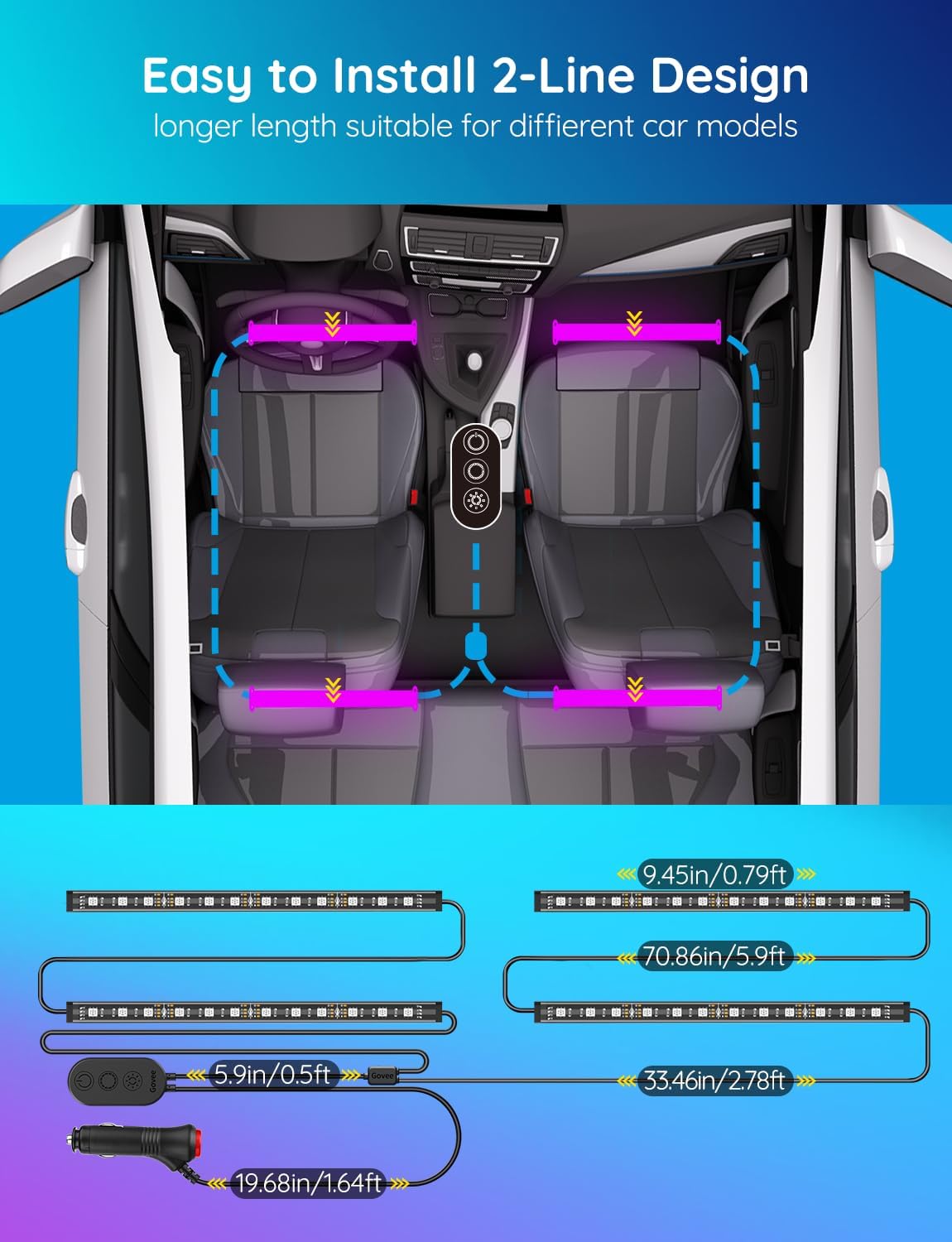 Govee Car LED Lights, Smart Car Interior Lights with App Control, RGB Lights with DIY Mode and Music Mode, 2 Lines Design LED Lights for Cars with Car Charger, 12V