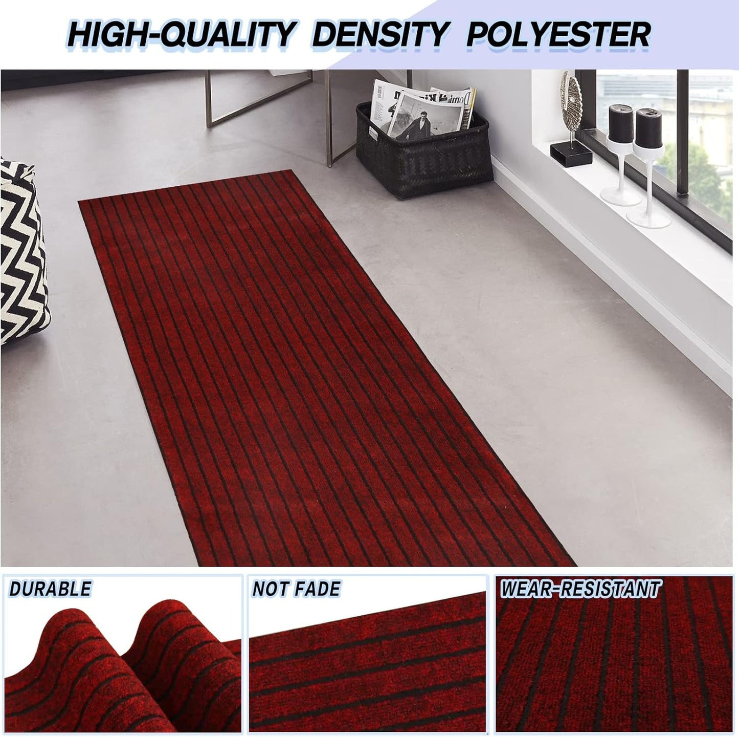 Custom Size Backed Non-Slip Area Rugs Runner, Easy Clean, Waterproof Runner Rugs for Hallway Entryway, Kitchen, Laundry, 2FT x 80FT, Red Stripe