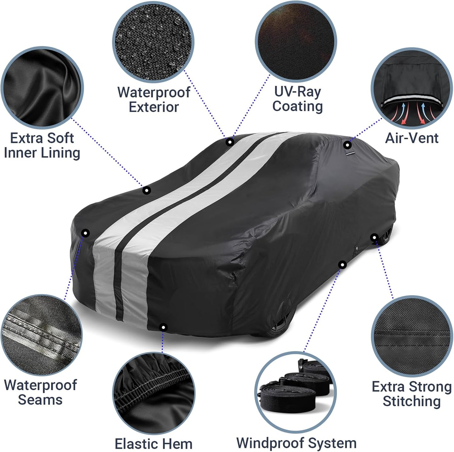 iCarCover Custom Car Cover for Pontiac Executive Wagon (1967-1970) Waterproof All-Weather Rain Snow UV Sun Protector Full Exterior Indoor Outdoor Car Cover (Stripe - Black/Gray)
