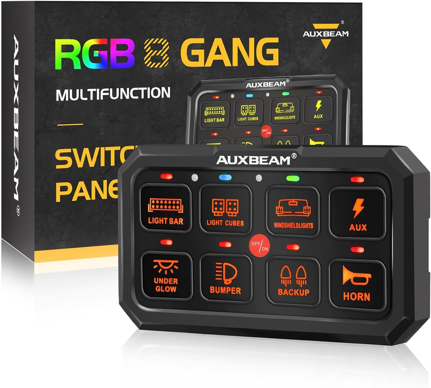 Auxbeam Switch Panel RGB 5 Inch Large 8 Gang Switch Panel RA80 XL Toggle Momentary Pulsed 12V Switch Panel for Car Truck SUV RV Camper Van Offroad Accessories 2 Years Warranty