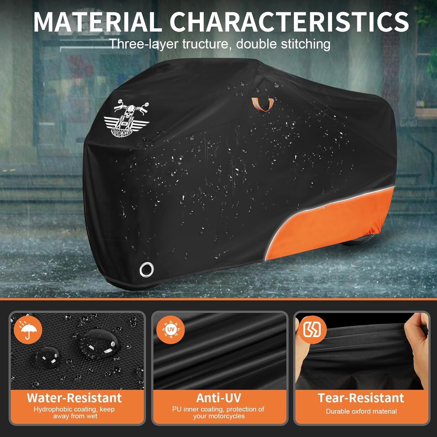 Motorcycle Cover Waterproof Outdoor Storage with Lock-Holes, Storage Bag & Night Reflective Design, All Season Protection Powersports Vehicle Covers Fits up to 116" Motorcycles
