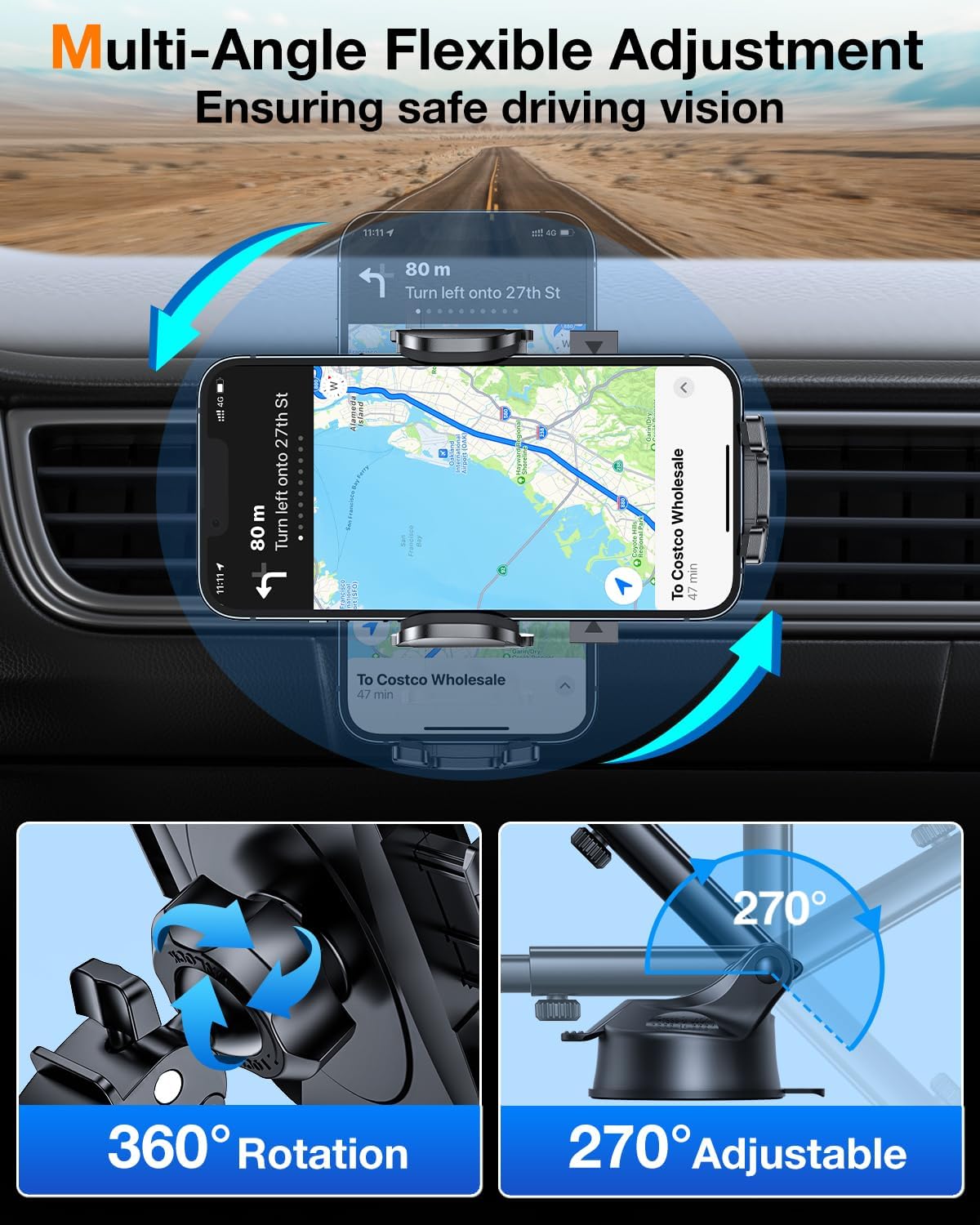 HTU [True Military-Grade] 2025 Upgraded Car Phone Holder 【Safety Certs & No Smell】 Cell Phone Holder for Car Mount for Dashboard Windshield Air Vent Long Arm Thick Case,Grey