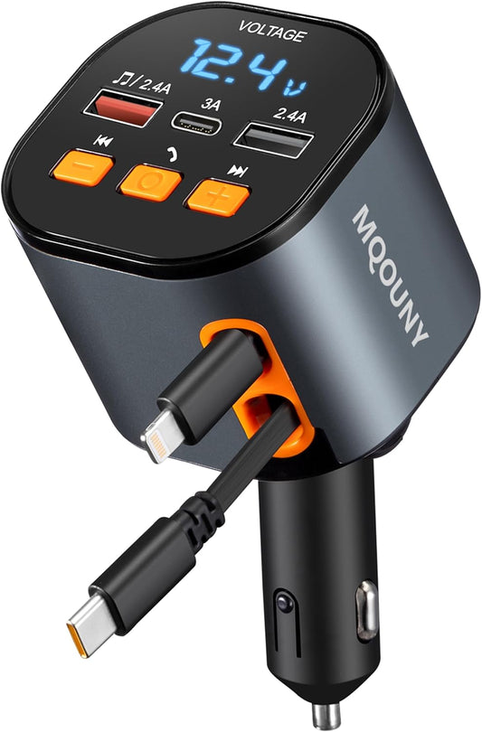 Retractable Car Charger,5 in 1 Fast Car Phone Charger 90W,Bluetooth 5.3 FM Transmitter Adapter,Handsfree Call,2 Retractable Cables and USB Cars Chargers for iPhone 15/14/13 (Black)