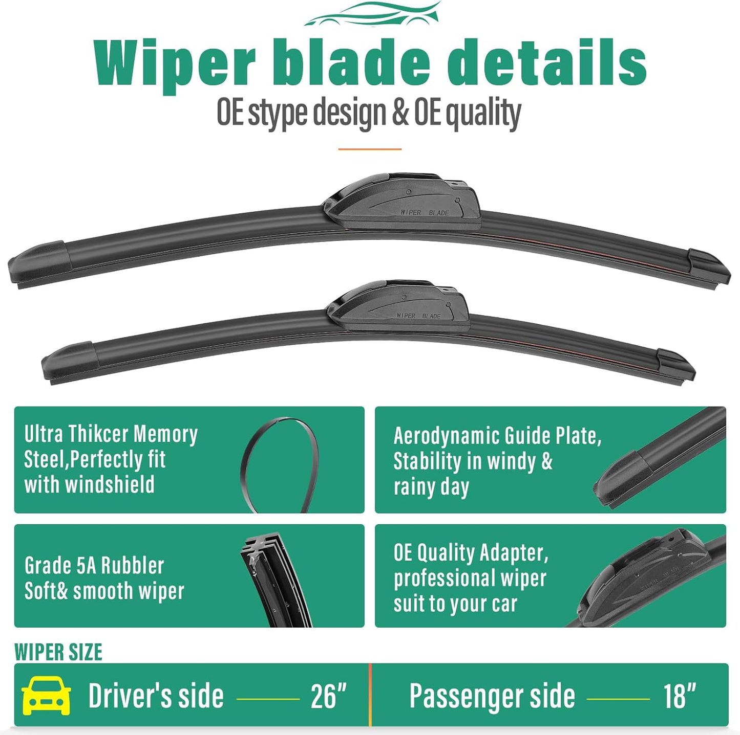 26" 18" 10" Windshield Wiper Blades Replacement for Honda HRV HR-V 2016 2017 2018 2019 2020 2021 2022 Premium All Weather Front Rear Wipers Set - OEM Quality (Pack of 3)