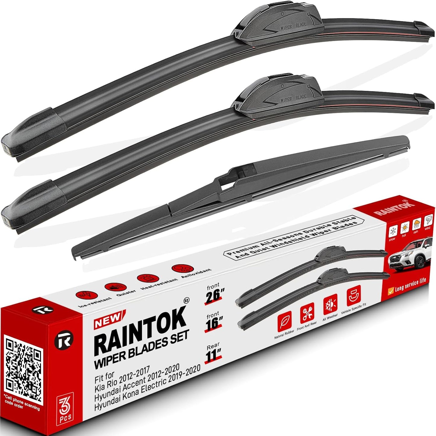 Windshield Wiper Blades Replacement for Kia Rio Hyundai Accent Kona Electric 2012 2013 2014 2015 2016-2020 Original Factory Quality Front Rear Wipers Blade Set for Car - 26" 16" 11" (Set of 3)