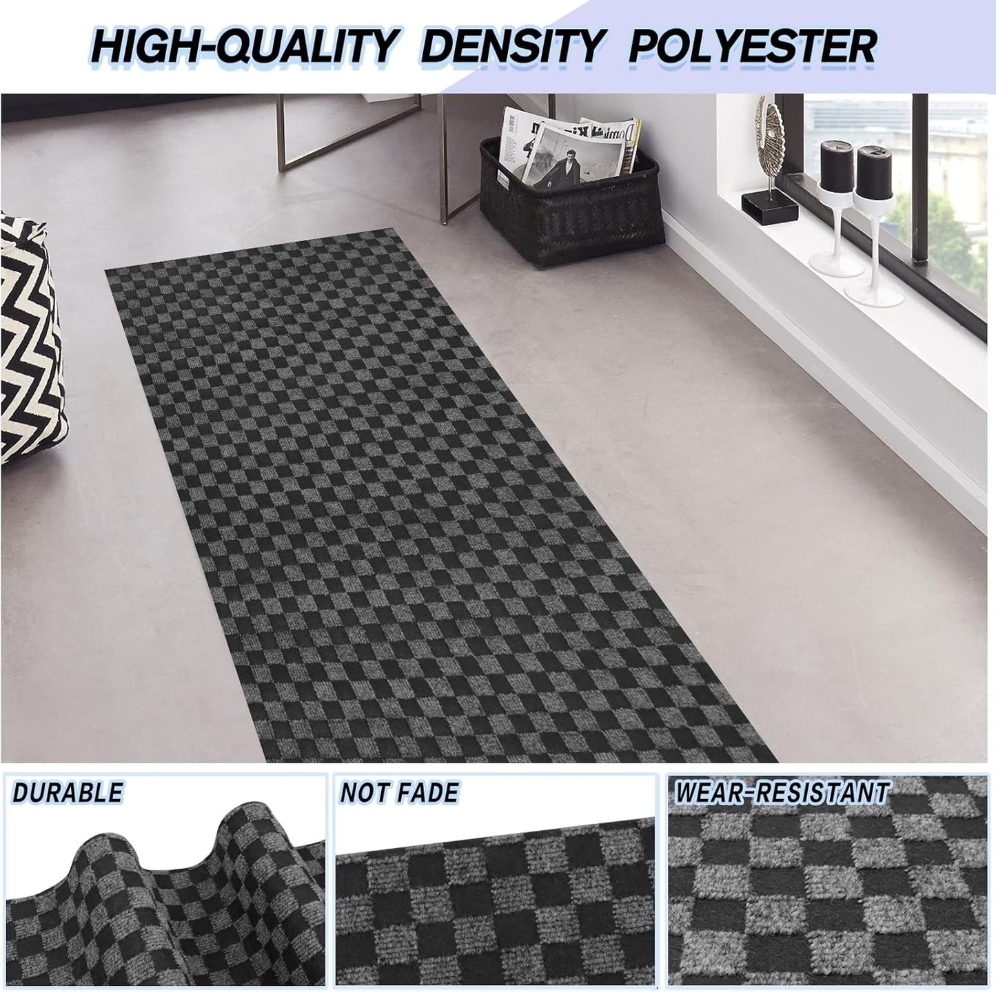 Custom Size Backed Non-Slip Area Rugs Runner, Easy Clean, Waterproof Runner Rugs for Hallway Entryway, Kitchen, Laundry, 2FT x 38FT, Gray Checkered