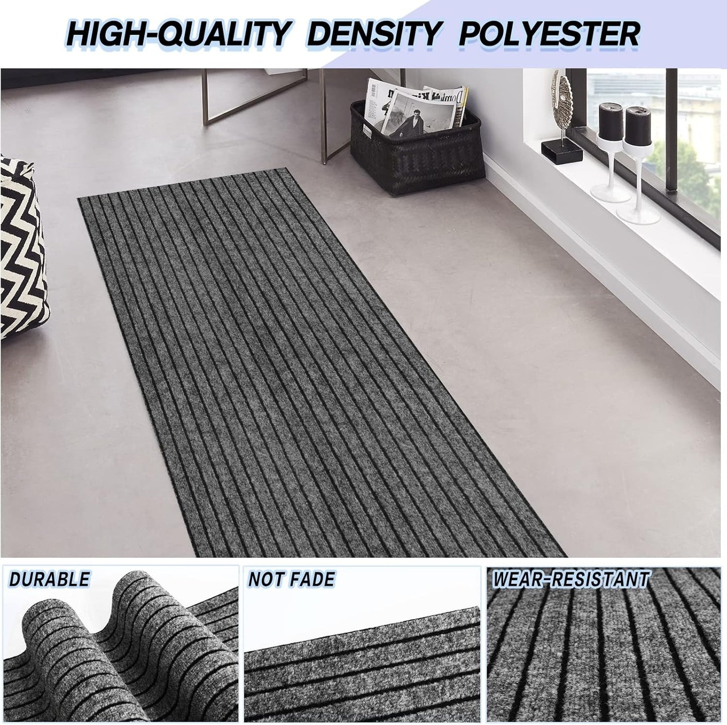 Custom Size Backed Non-Slip Area Rugs Runner, Easy Clean, Waterproof Runner Rugs for Hallway Entryway, Kitchen, Laundry, 3FT x 45FT, Gray Stripe