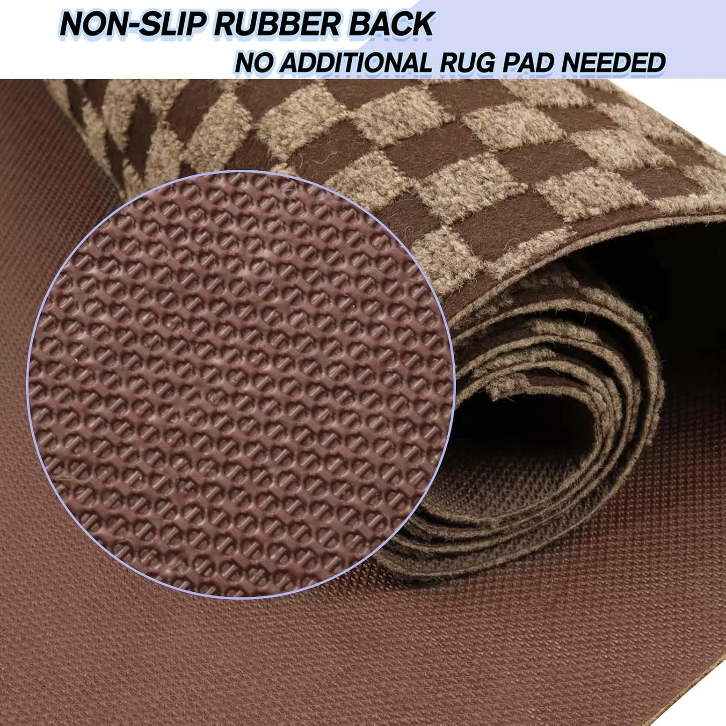 Custom Size Backed Non-Slip Area Rugs Runner, Easy Clean, Waterproof Runner Rugs for Hallway Entryway, Kitchen, Laundry, 2FT x 79FT, Brown Checkered