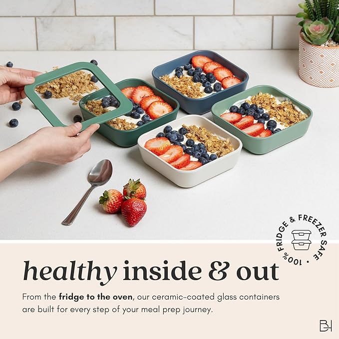 Ceramic Coated Glass Food Storage Container | No PTFE, PFOA, PFAS, and BPA | Reusable Non Toxic Meal Prep Container with Glass Lid | Easy To Store | 8 Cup Square [Dusk]