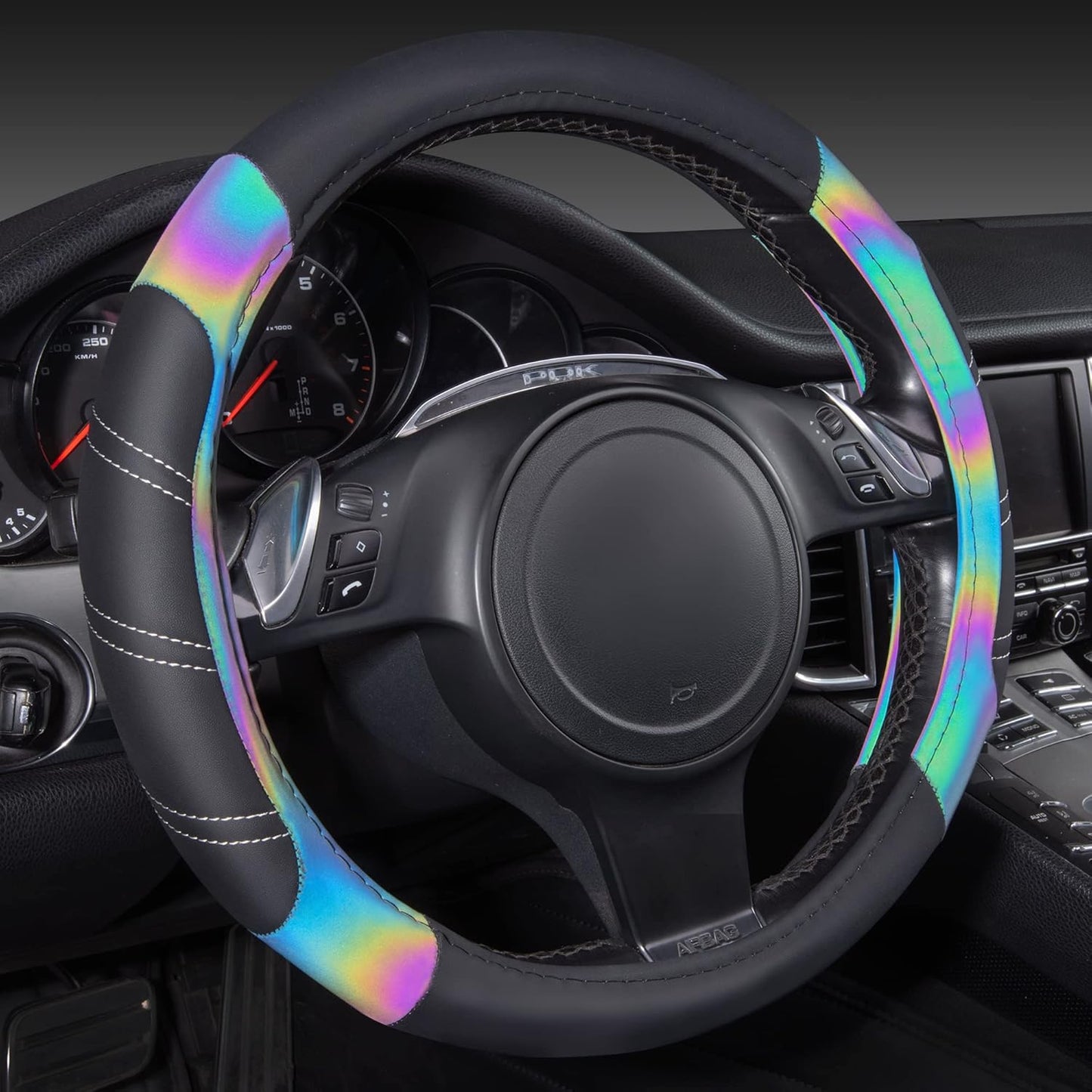 CAR PASS Line Rider Microfiber 15.5-16 Inch Leather Sporty Steering Wheel Cover Universal Fits for 95% Truck,SUV,Pickup, Anti-Slip Safety Comfortable Desgin (Black Reflective)