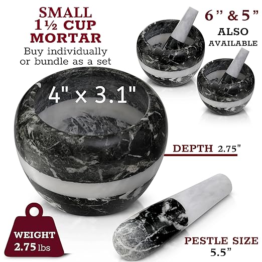 Gusto Nostro Natural Marble Mortar and Pestle Set Small| 4 Inch - 1.5 Cup | Mini Mortar Pestle Set for Grinding Herbs, Nuts, Grains | Pesto Grinding and Guacamole Stone Bowl | Marble Spice Crusher