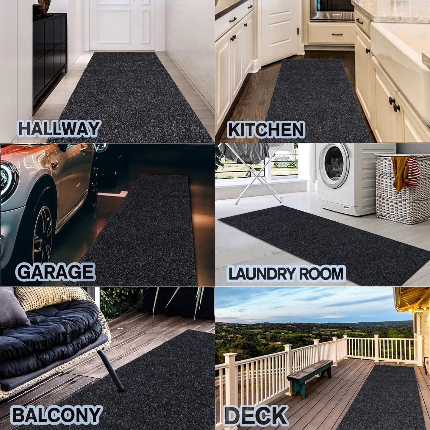 Custom Size Backed Non-Slip Area Rugs Runner, Easy Clean, Waterproof Runner Rugs for Hallway Entryway, Kitchen, Laundry, 2FT x 60FT, Black