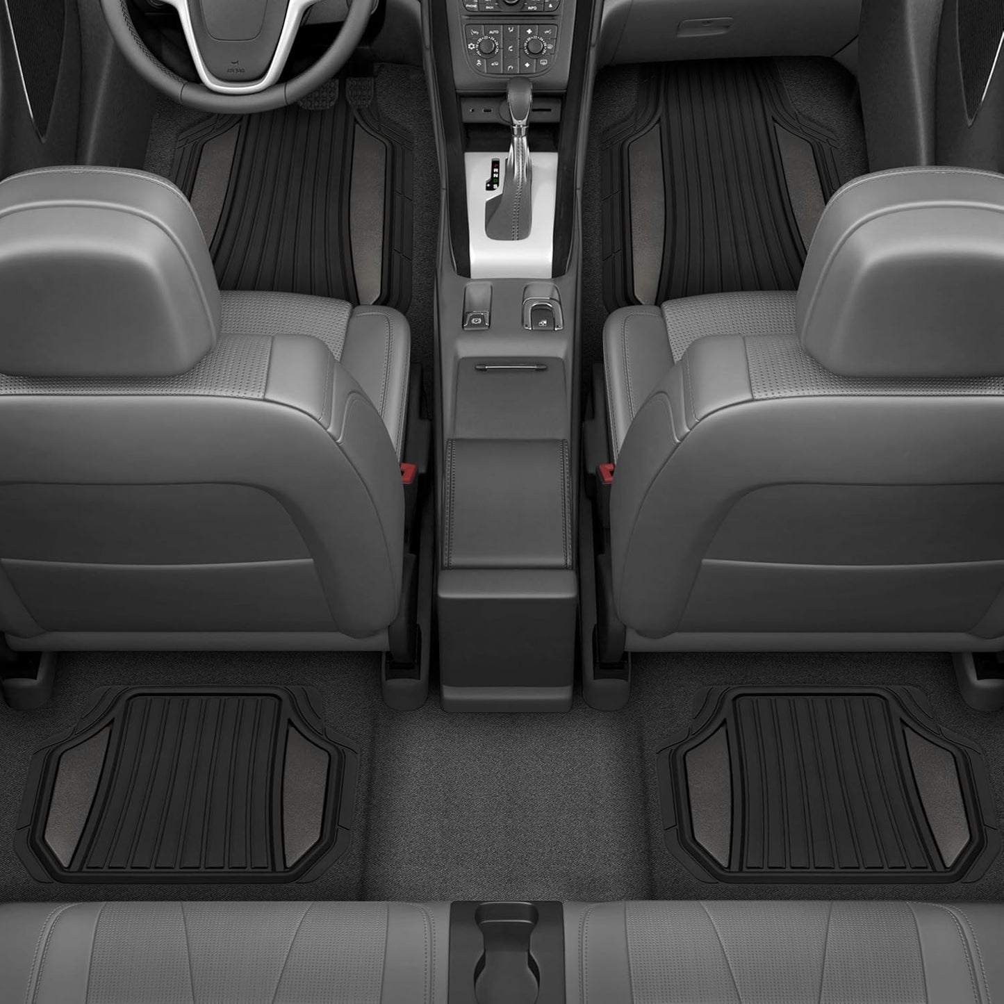 Motor Trend ChromeTech Car Floor Mats Full Set - Durable Rubber Floor Mats for Cars with Two Tone Accent, All Weather Interior Protection for Front and Rear with Non-Slip Backing, Gunmetal Chrome