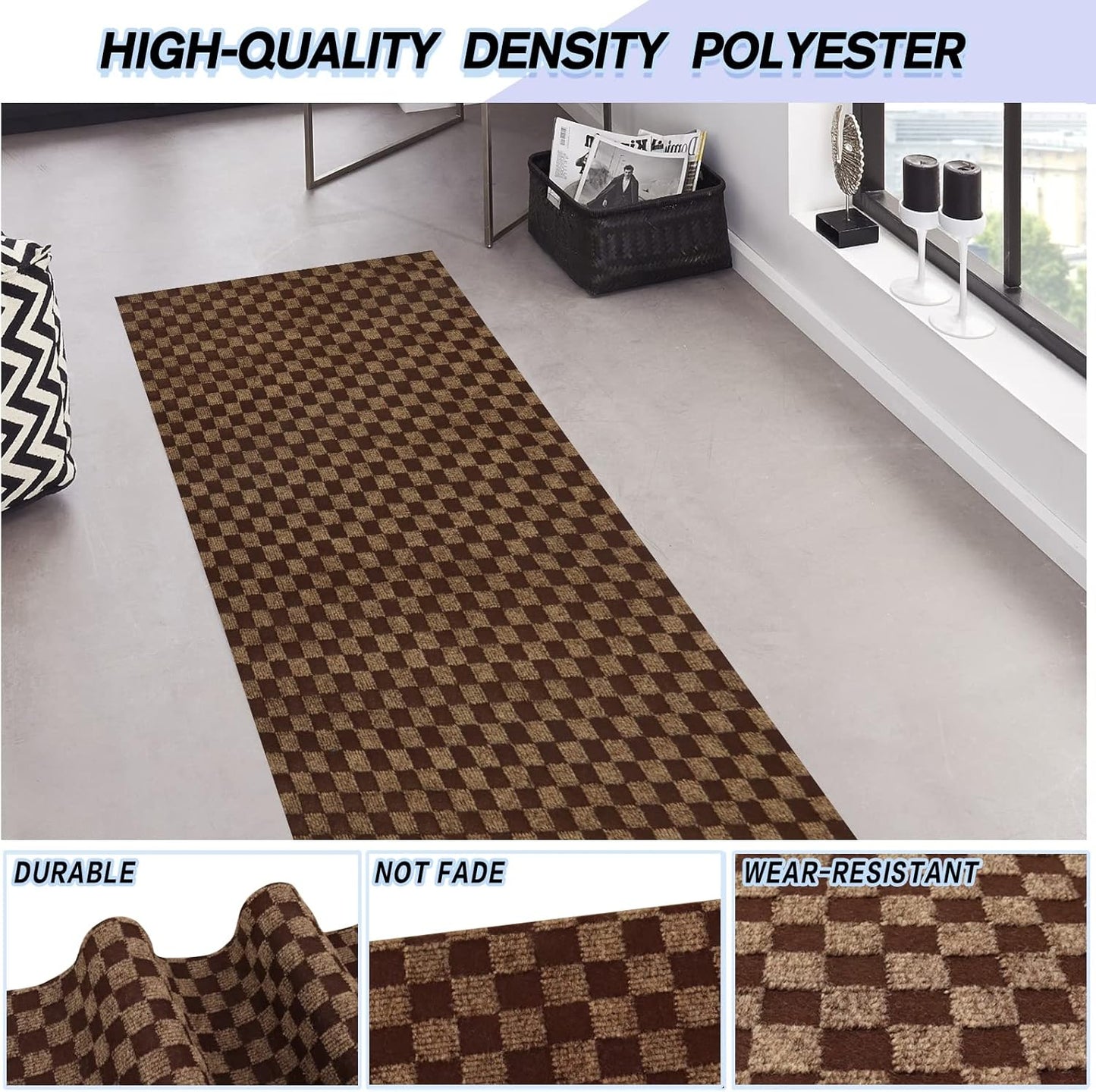 Custom Size Backed Non-Slip Area Rugs Runner, Easy Clean, Waterproof Runner Rugs for Hallway Entryway, Kitchen, Laundry, 2FT x 47FT, Brown Checkered