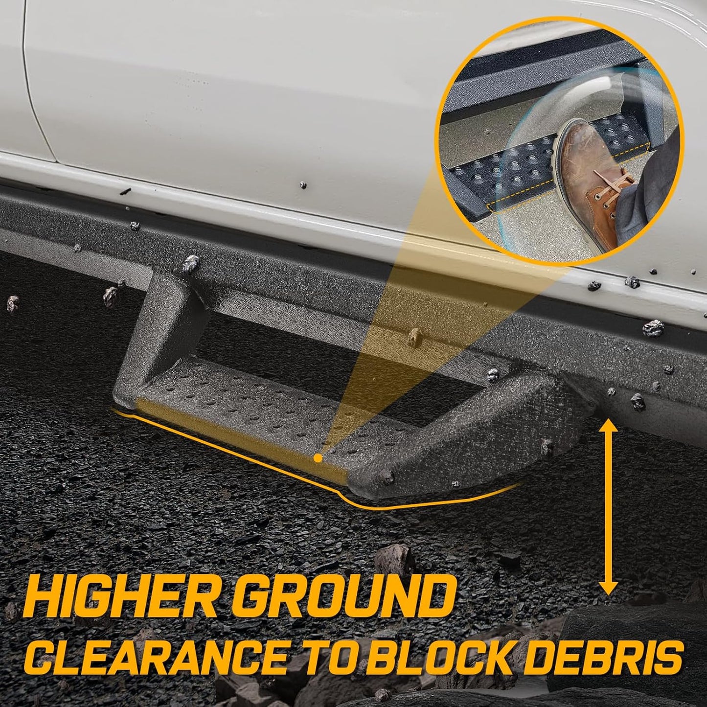 Running Boards Side Steps Compatible for Vehicle 2004-2023 Nissan Titan Crew Cab & 2016-2023 Titan XD Crew Cab. Dual-Stage Textured Black Powder Nerf Bars Step Rails. (BCKA85515-C)
